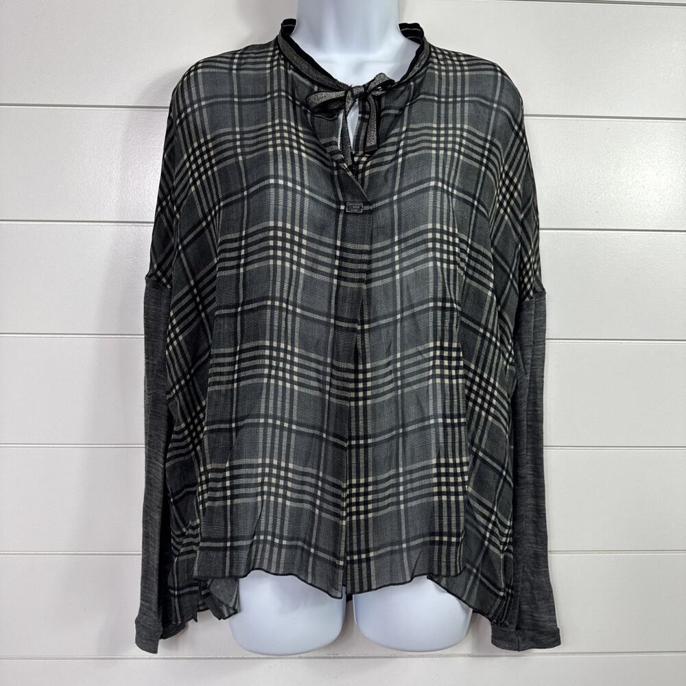 Beate Heymann Street Couture Sheer Blouse Black Tan Tartan Plaid sz 6